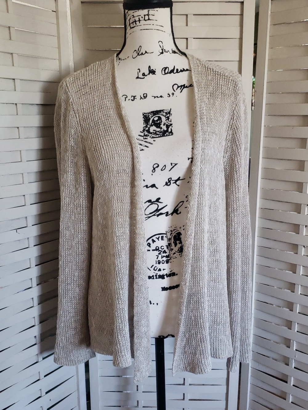 Eileen Fisher Light Oat Beige Open-Front Women's Knit Cardigan Sweater L